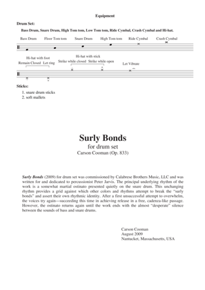 Carson Cooman : Surly Bonds (2009) for drum set