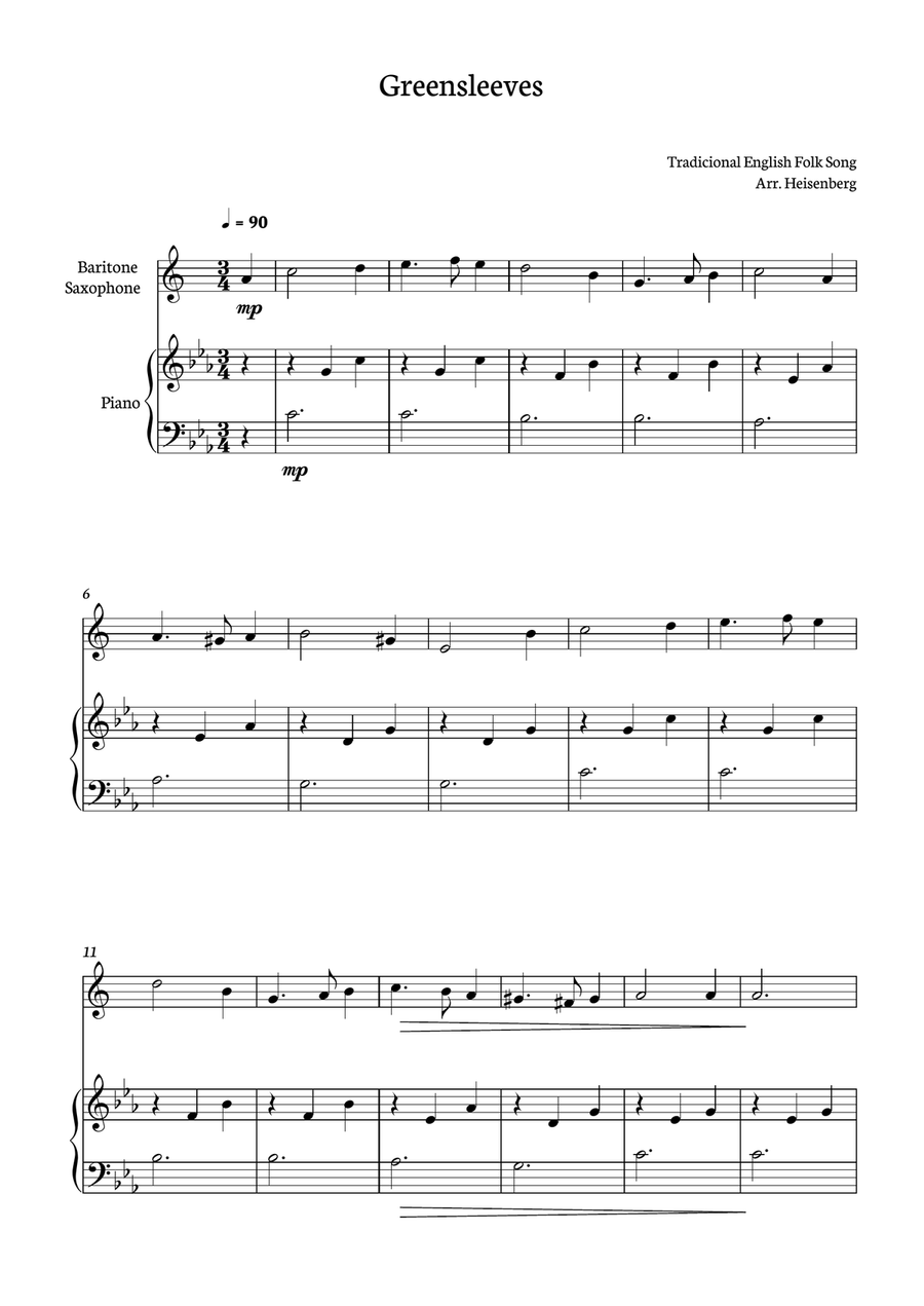 Greensleeves for Baritone Sax with piano accompaniment Baritone Saxophone scores gallery preview page 1