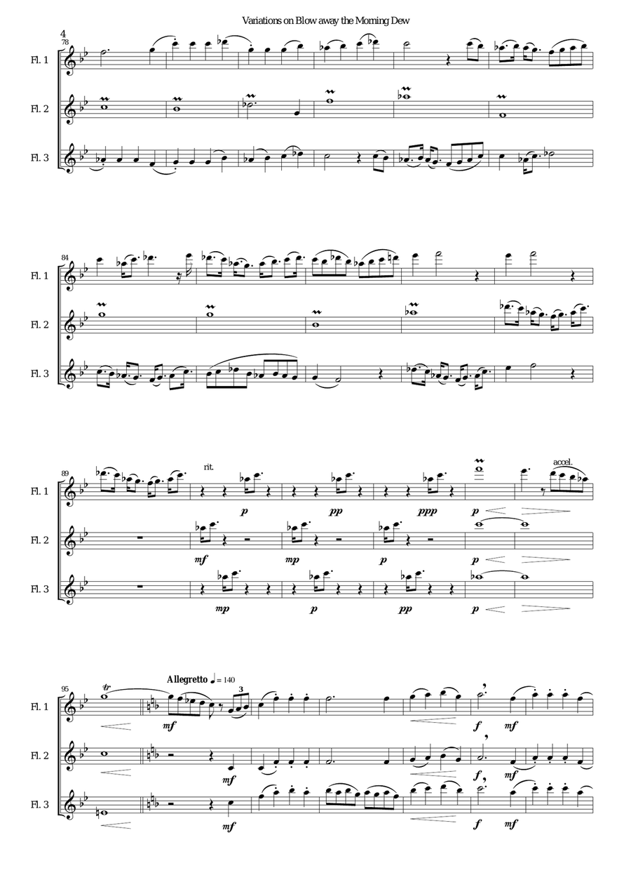 Variations on Blow away the morning dew for flute trio (3 C flutes) Flute Solo scores gallery preview page 4