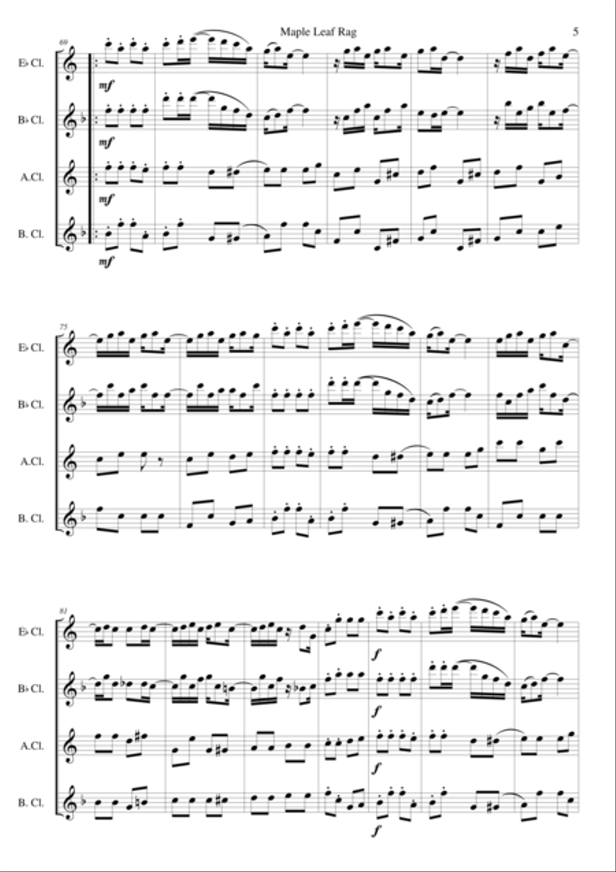 Maple Leaf Rag for clarinet quartet (E flat, B flat, alto and bass) Clarinet Quartet scores gallery preview page 5