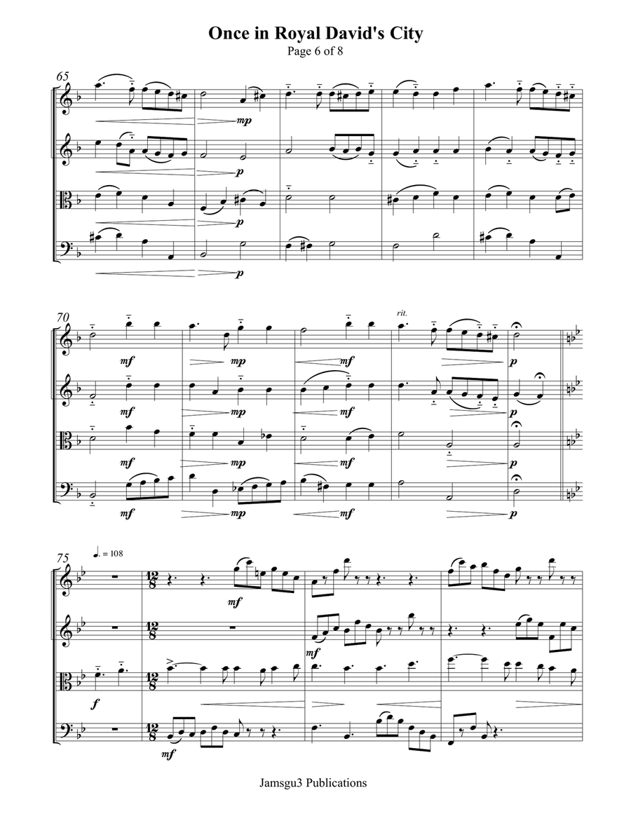 Once in Royal David's City for String Quartet String Quartet scores gallery preview page 6