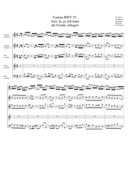 Aria: Ja, ja, Ich kann die Feinde schlagen from Cantata BWV 57 (arrangement for 5 recorders)