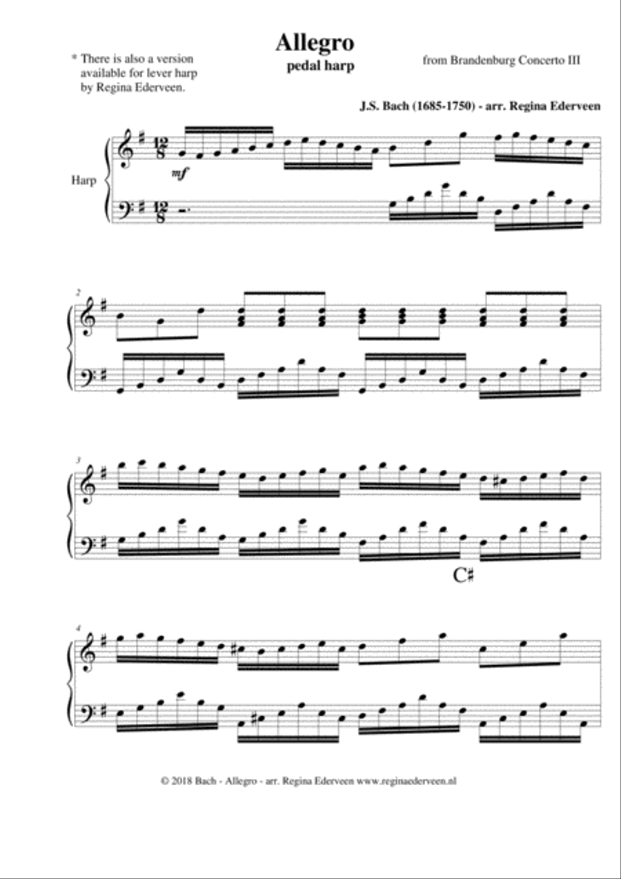 Allegro (J.S. Bach) - pedal harp solo Pedal Harp scores gallery preview page 1