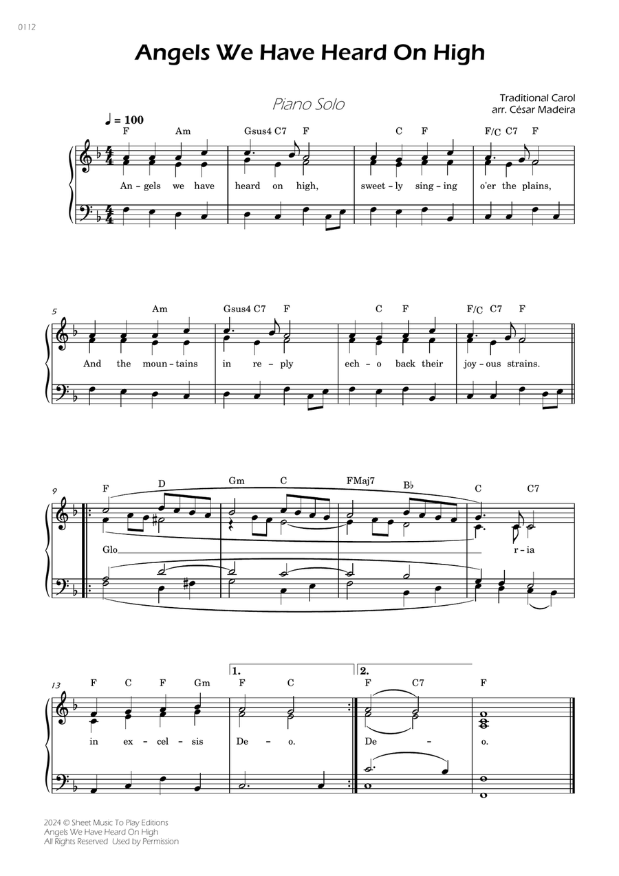 Angels We Have Heard On High - Piano Solo (W/Chords and Lyrics) Piano, Vocal scores gallery preview page 1