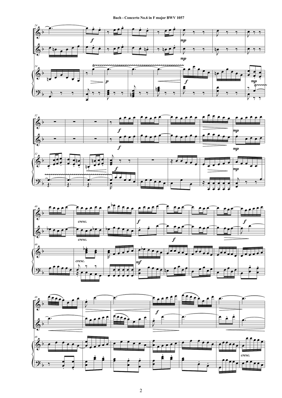 Bach - Concerto No.6 in F major BWV 1057 for Two Flutes and Harpsichord (or Piano) Flute Duet scores gallery preview page 2