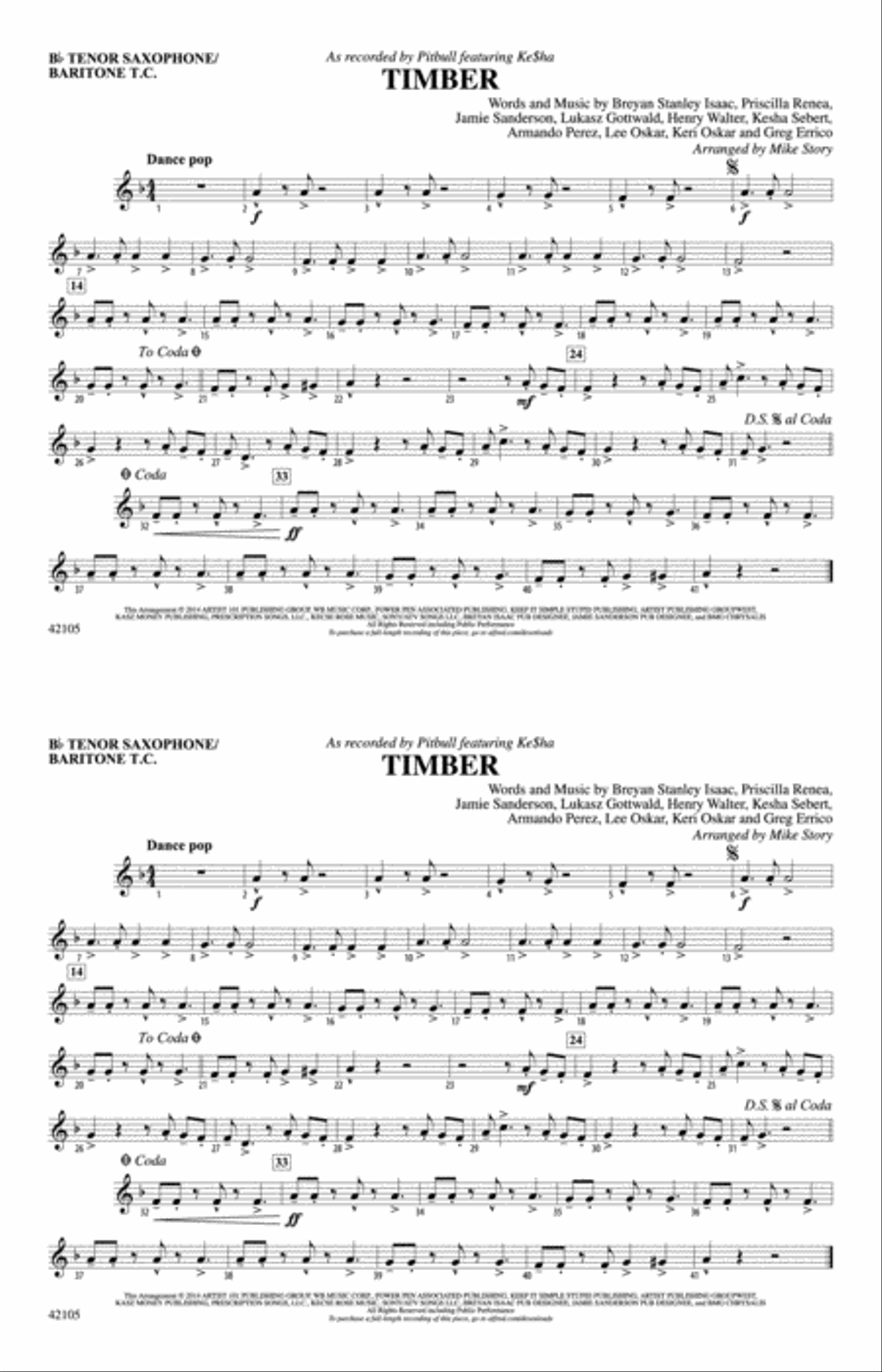 Timber: Bb Tenor Saxophone/Bartione Treble Clef Marching Band scores gallery preview page 1