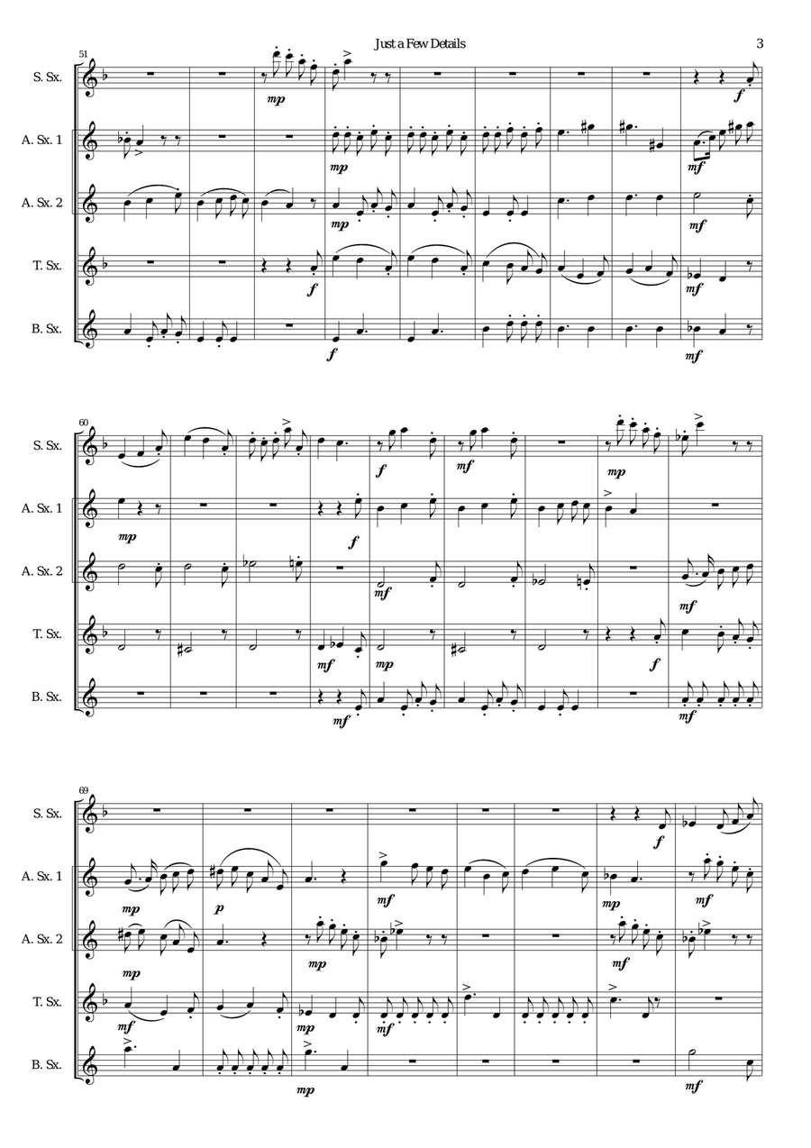 Just a Few Details for saxophone quintet (sop, 2 altos, tenor, bari) Saxophone Quintet scores gallery preview page 3