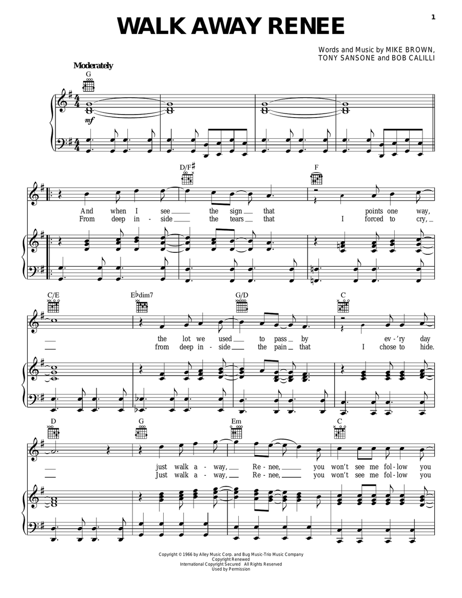 Walk Away Renee Piano, Vocal, Guitar scores gallery preview page 1