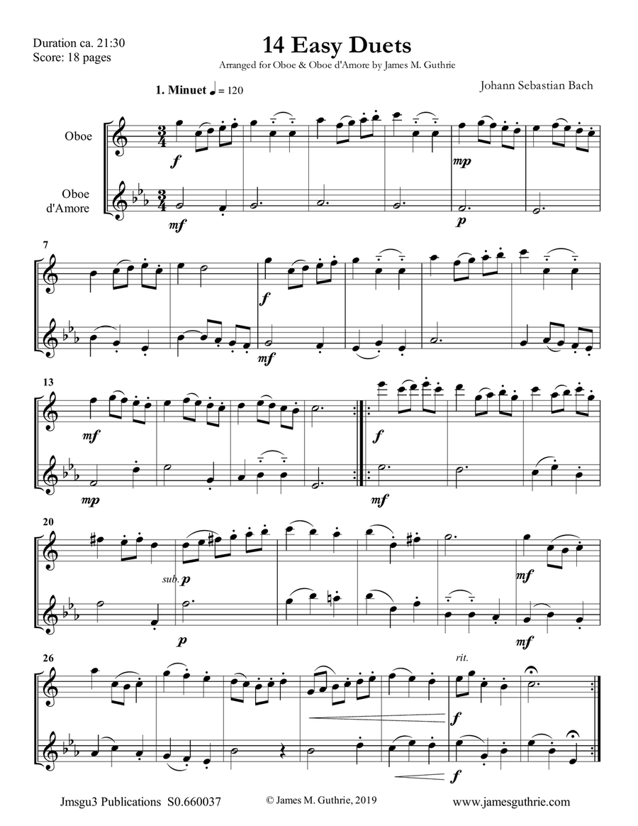 Bach: 14 Easy Duets for Oboe & Oboe d'Amore Woodwind Duet scores gallery preview page 1