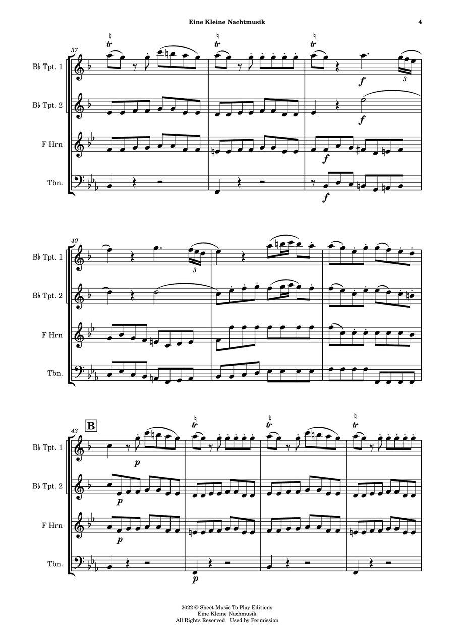 Eine Kleine Nachtmusik (1 mov.) - Brass Quartet (Full Score) - Score Only Brass Quartet scores gallery preview page 5