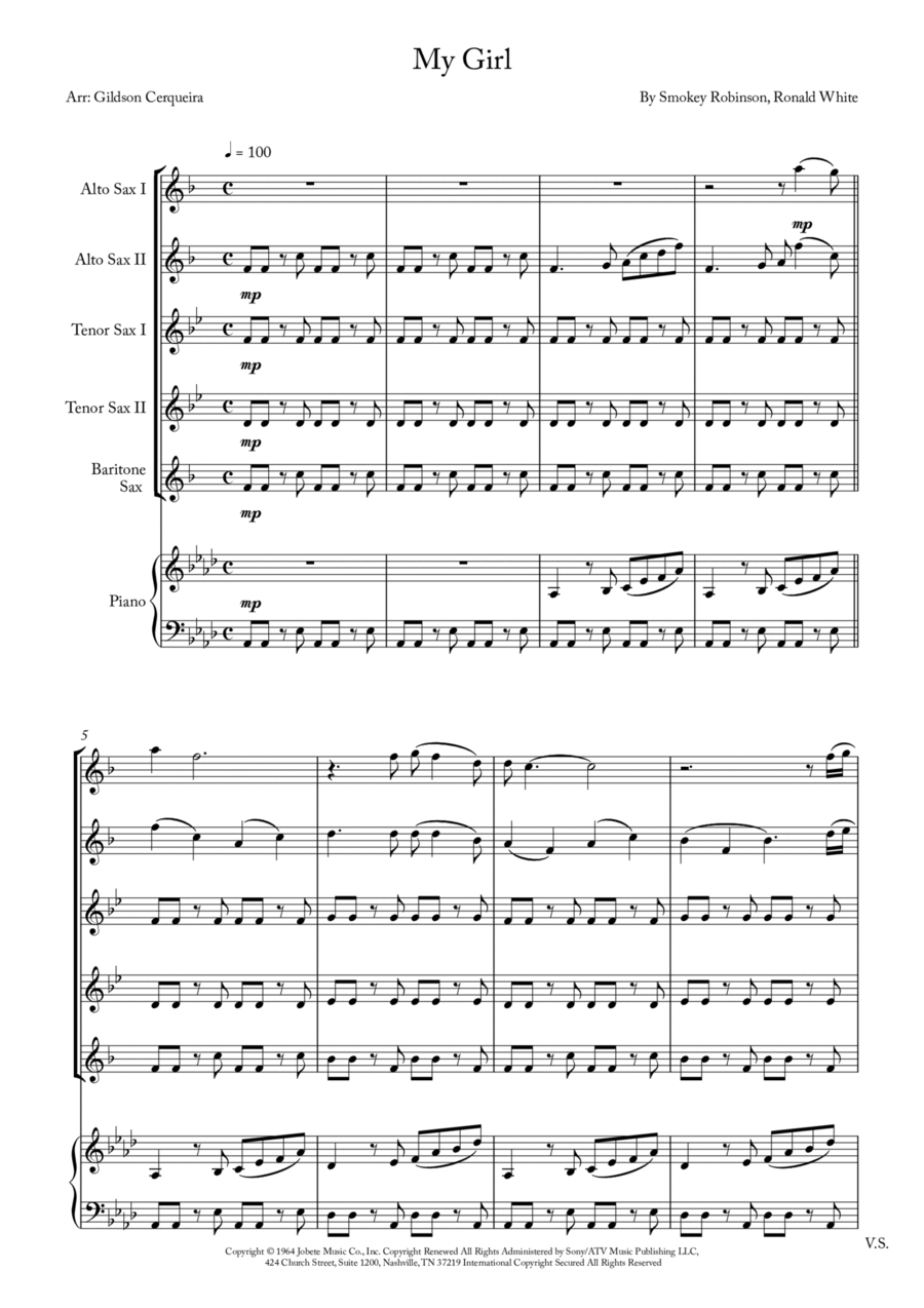 My Girl Saxophone Quintet scores gallery preview page 1
