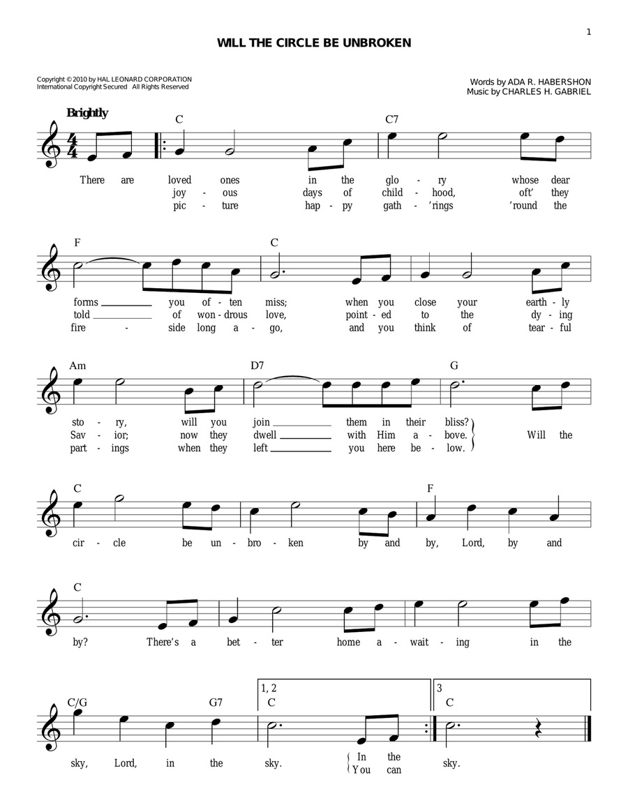 Will The Circle Be Unbroken by Charles H. Gabriel Guitar - Digital Sheet Music