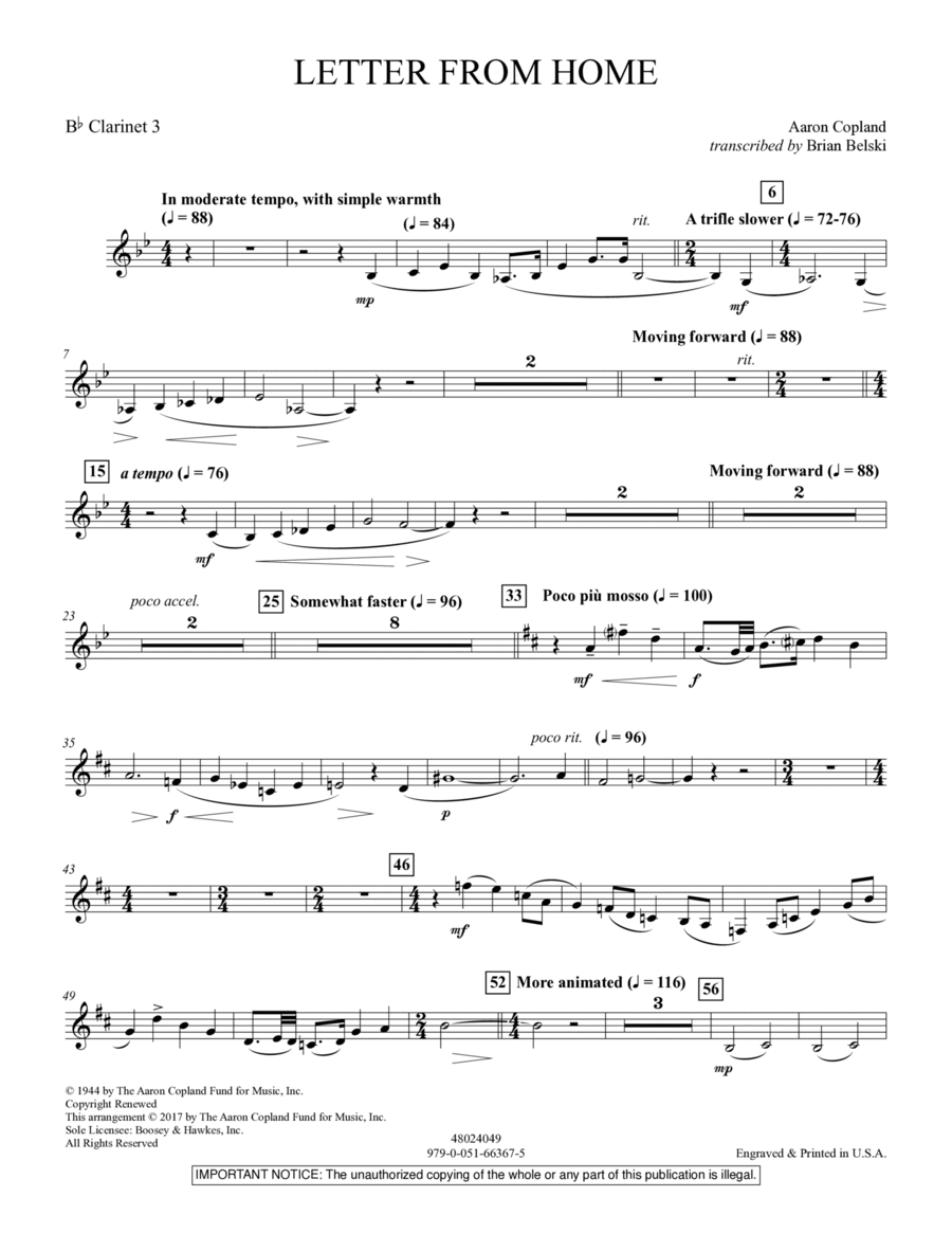 Letter from Home - Bb Clarinet 3 B-Flat Clarinet scores gallery preview page 1