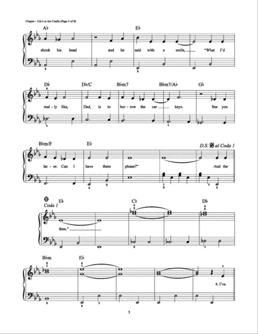Cat's in the Cradle Easy Piano scores gallery preview page 5