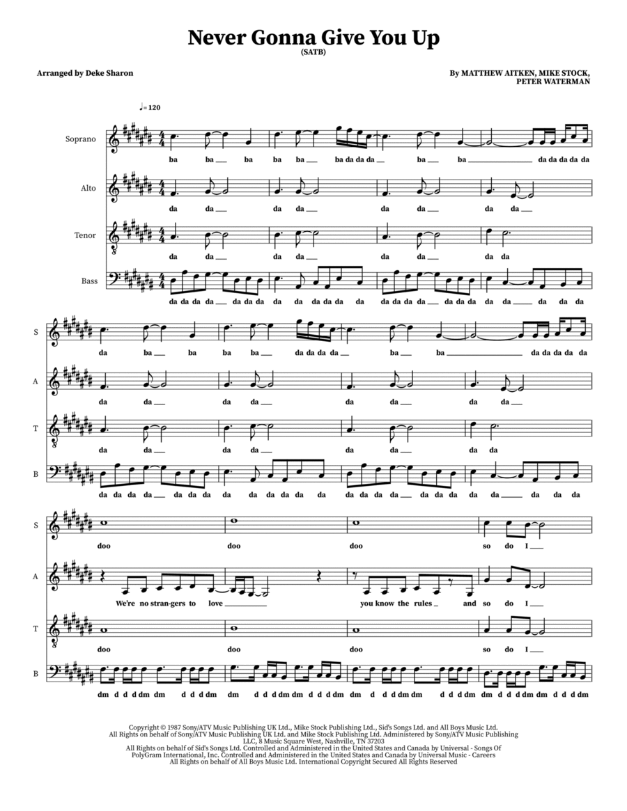 Never Gonna Give You Up 4-Part scores gallery preview page 1