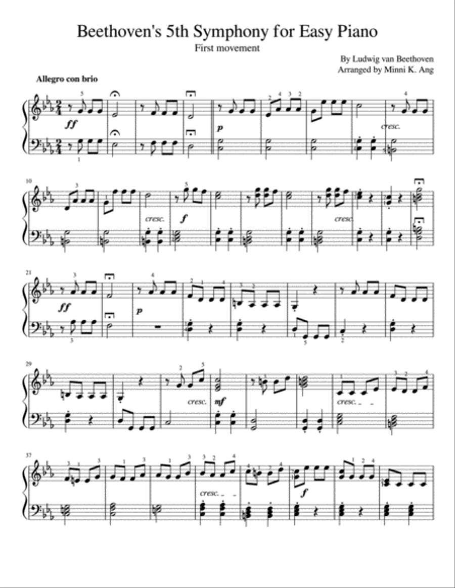 Beethoven s 5th Symphony for Easy Piano by Ludwig van Beethoven