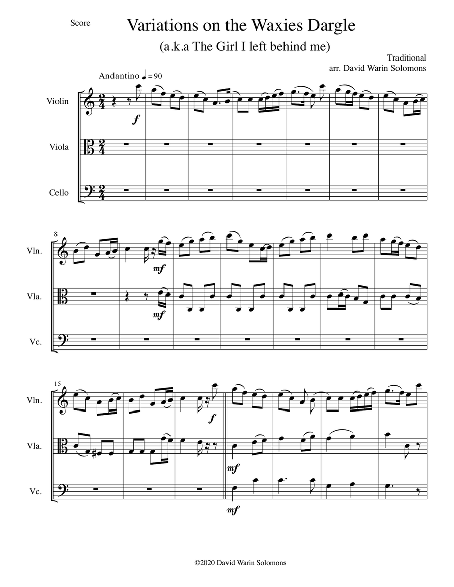 Variations on The Waxies' Dargle (or The girl I left behind me) for string trio String Trio scores gallery preview page 1