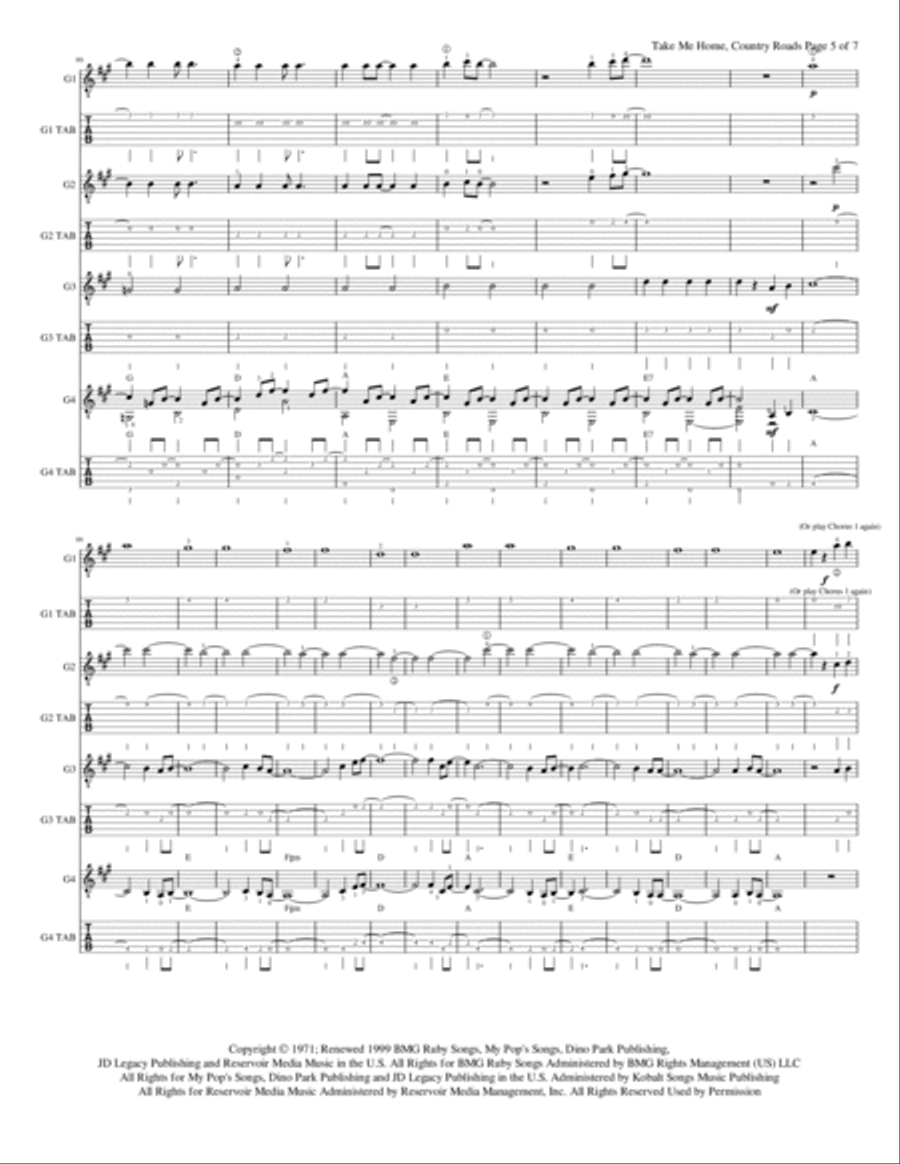 Take Me Home, Country Roads Guitar Ensemble scores gallery preview page 6