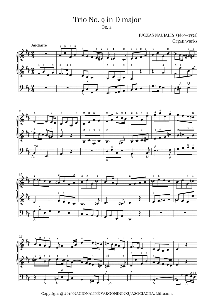 Trio No. 9 in D major, Op. 4 by Juozas Naujalis (1869–1934) Organ Solo scores gallery preview page 1