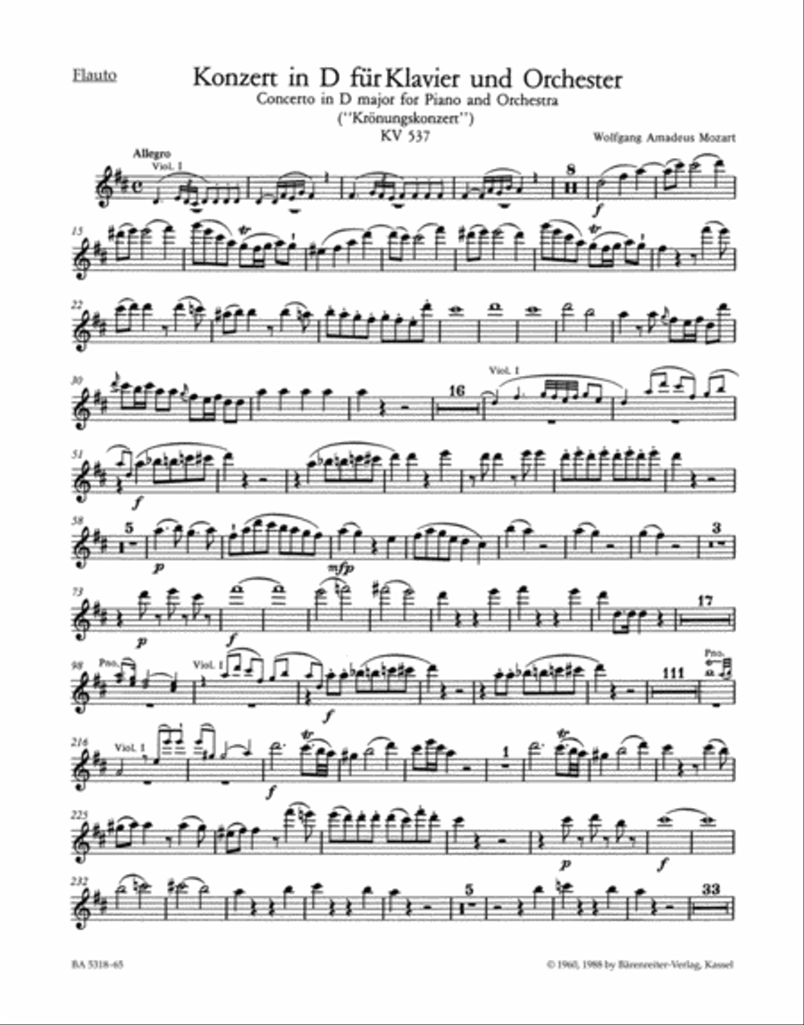Concerto for Piano and Orchestra, No. 26 D major, KV 537 'Coronation Concerto' Flute scores gallery preview page 1