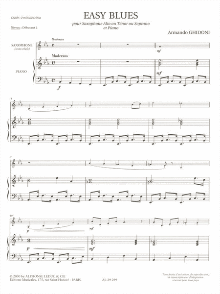 Easy Blues Pour Saxophone Alto En Mi Bemol (ou Soprano Ou Tenor) Et Piano Deb.