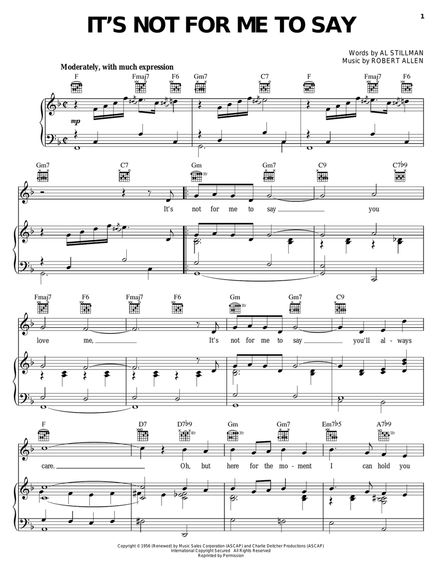 It's Not For Me To Say Piano, Vocal, Guitar scores gallery preview page 1