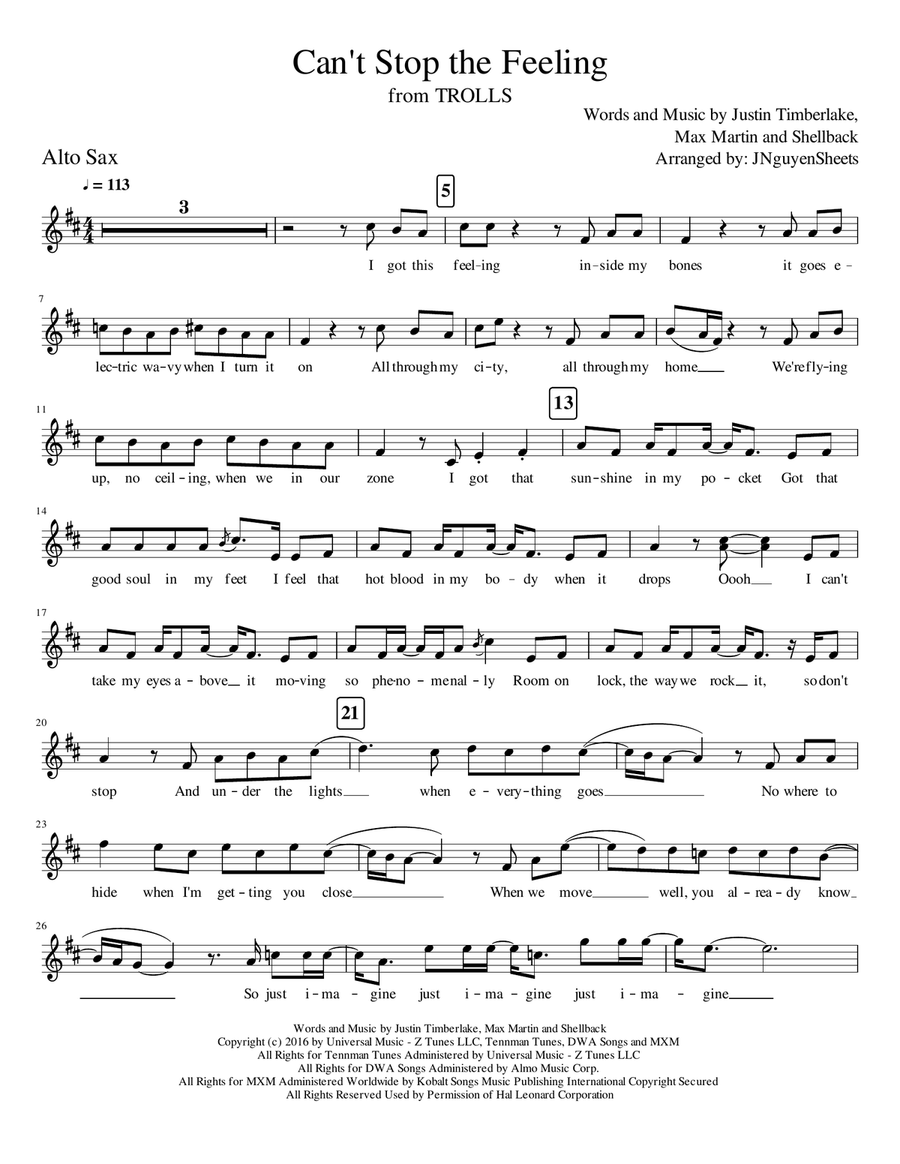 Can't Stop The Feeling from TROLLS Alto Saxophone scores gallery preview page 1