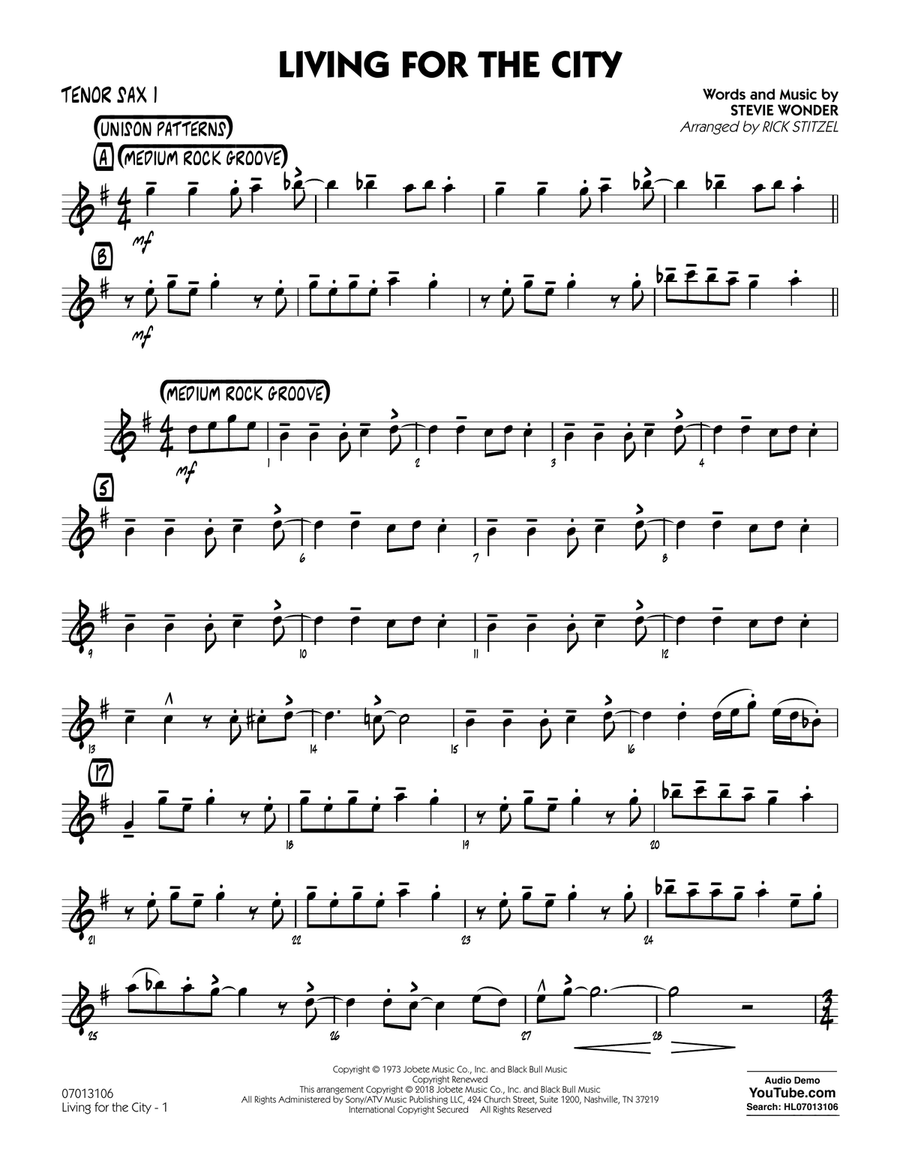Living for the City - Tenor Sax 1 Jazz Ensemble scores gallery preview page 1