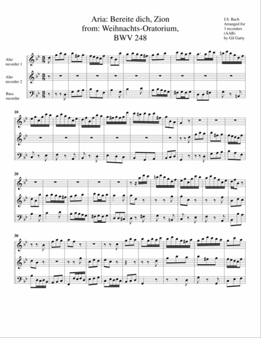 Aria: Bereite dich, Zion from: Weihnachts-Oratorium, BWV 248 (arrangement for 3 recorders) Recorder scores gallery preview page 1