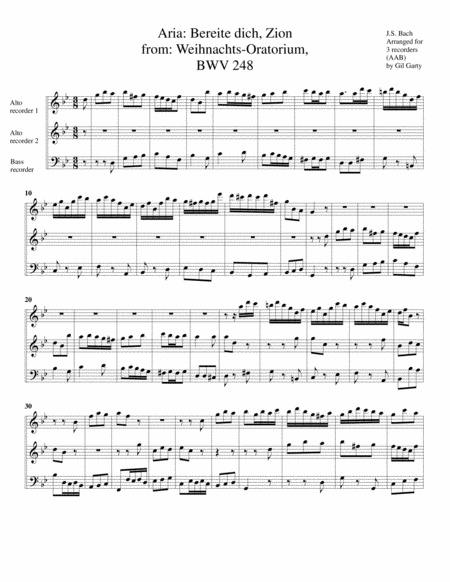 Aria: Bereite dich, Zion from: Weihnachts-Oratorium, BWV 248 (arrangement for 3 recorders)