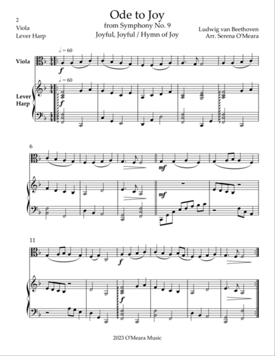 Ode to Joy, Duet for Viola & Lever Harp String Duet scores gallery preview page 2