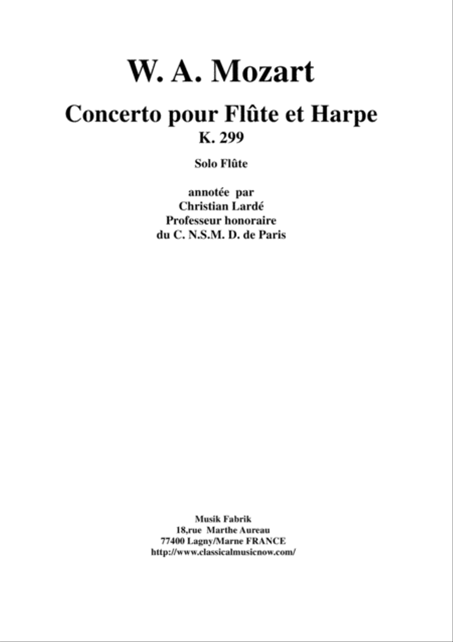 Wolfgang Amadeus Mozart: Concerto for flute and harp, K. 299, solo flute part Chamber Orchestra scores gallery preview page 1