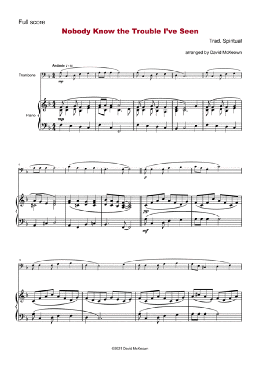 Nobody Knows the Trouble I've Seen, Gospel Song for Trombone and Piano Piano scores gallery preview page 2