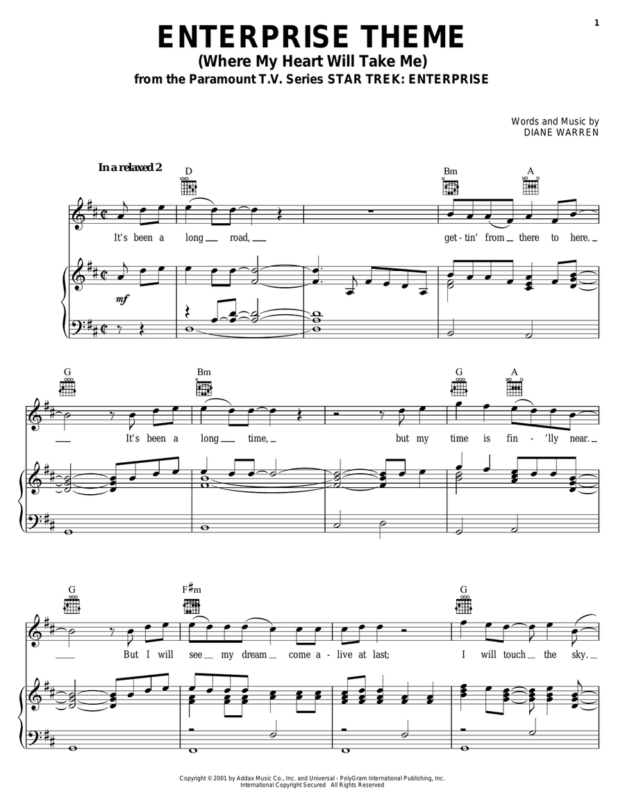 Enterprise Theme (Where My Heart Will Take Me) Piano, Vocal, Guitar scores gallery preview page 1