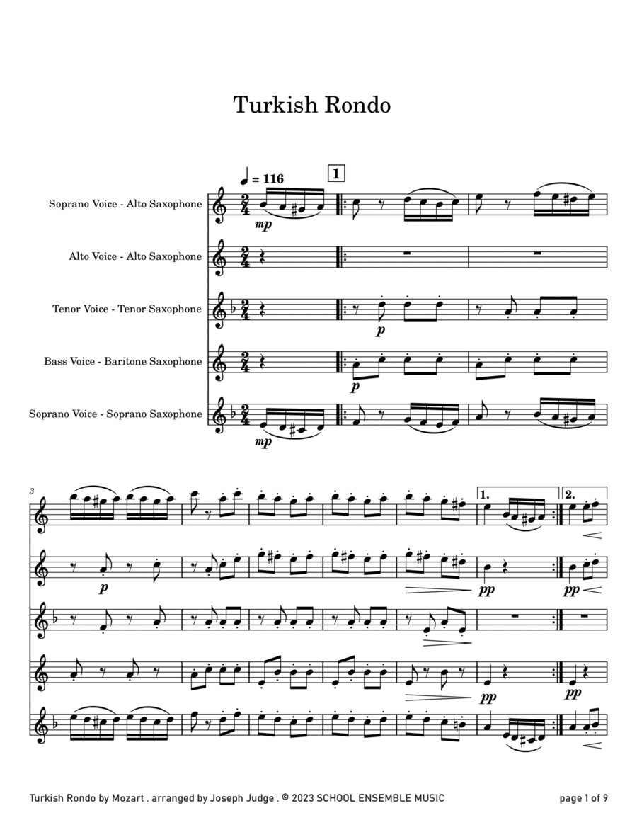 Turkish Rondo by Mozart for Saxophone Quartet in Schools Saxophone Quartet scores gallery preview page 1