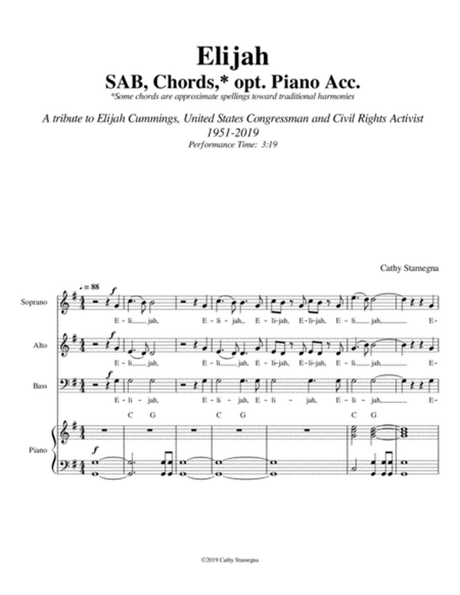 Elijah - A Tribute to Elijah Cummings  (SAB, Chords, Opt. Piano Acc.) image number null