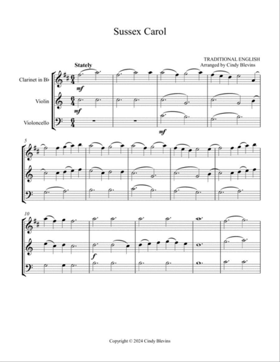 Sussex Carol, for Clarinet, Violin and Cello Small Ensemble scores gallery preview page 2