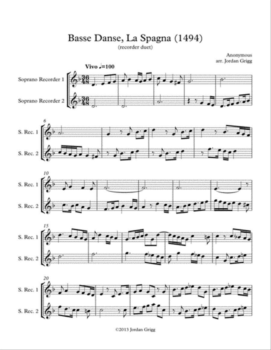 Basse Danse, La Spagna (1494) (recorder duet) Woodwind Duet scores gallery preview page 1