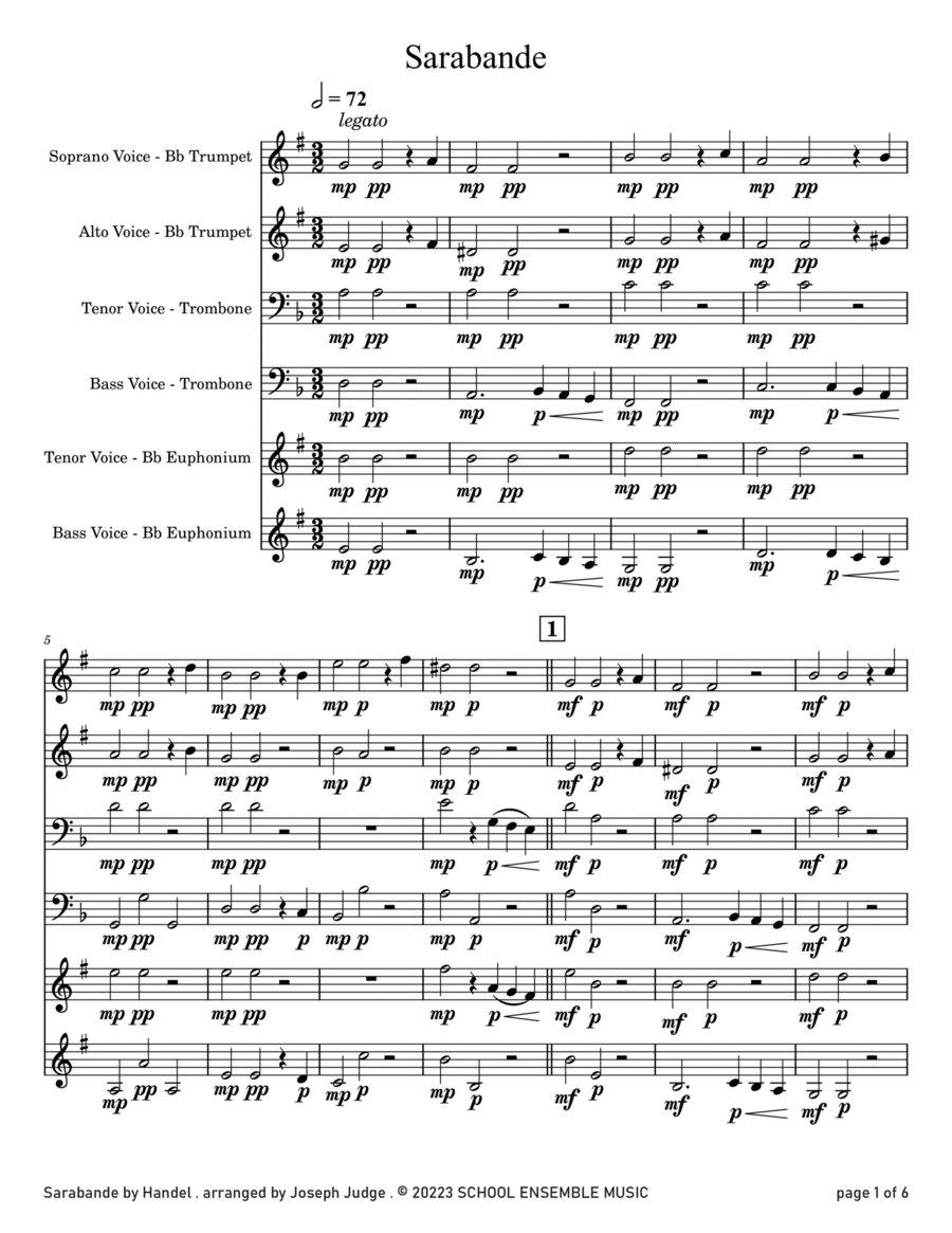 Sarabande by Handel for Brass Quartet in Schools Brass Quartet scores gallery preview page 1