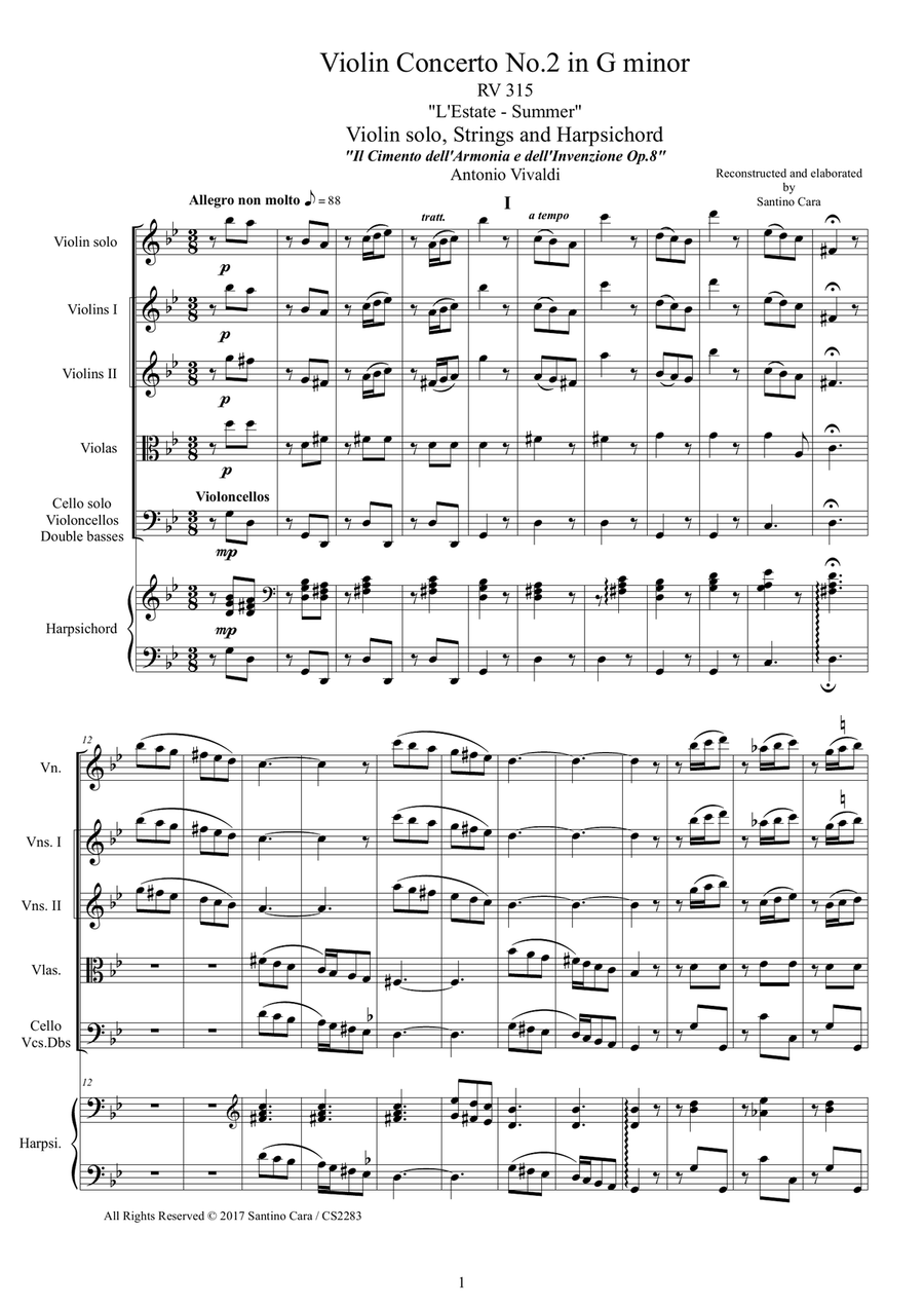 Vivaldi - Violin Concerto No.2 in G minor RV 315 (Summer) Op.8 for Violin, Strings and Harpsichord Chamber Orchestra scores gallery preview page 1