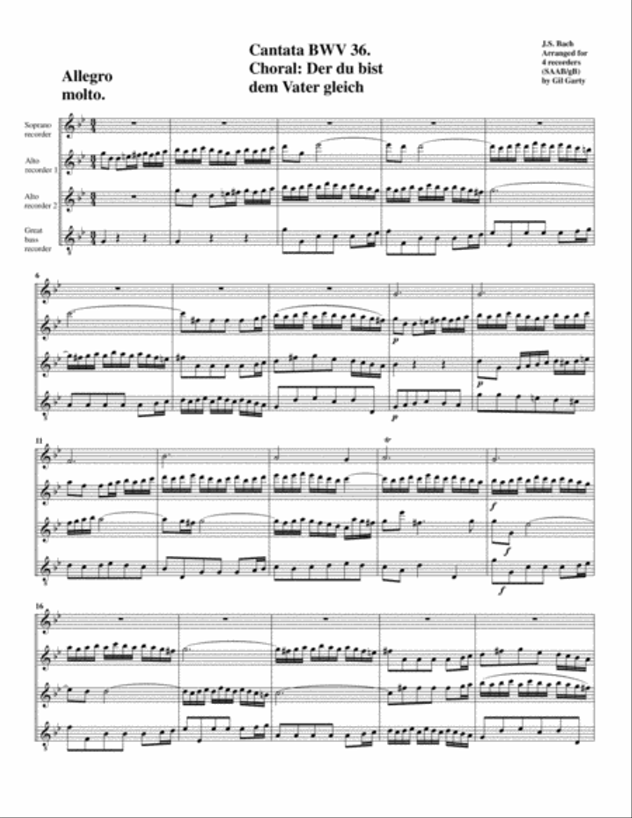 Choral: Der du bist dem Vater gleich from cantata BWV 36 (Arrangement for 4 recorders) Recorder scores gallery preview page 1