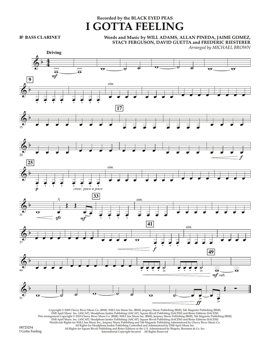 I Gotta Feeling - Bb Bass Clarinet Concert Band scores gallery preview page 1