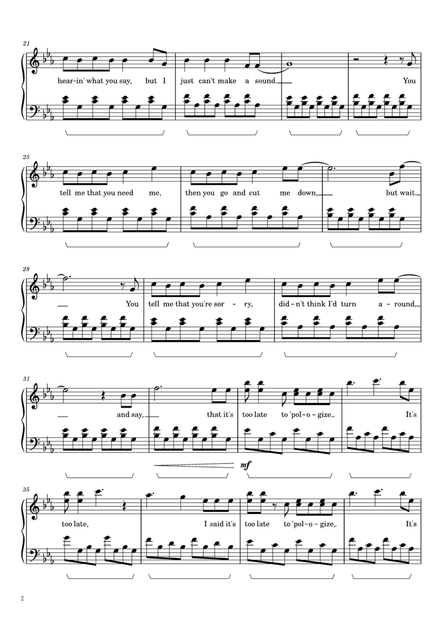 Apologize Apologize Easy Piano scores gallery preview page 2