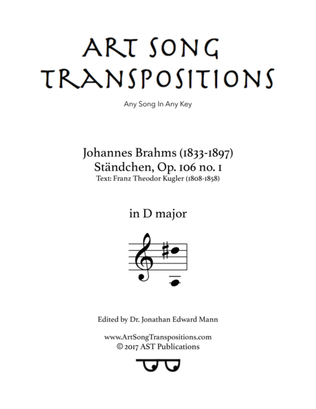 Book cover for BRAHMS: Ständchen, Op. 106 no. 1 (transposed to D major)