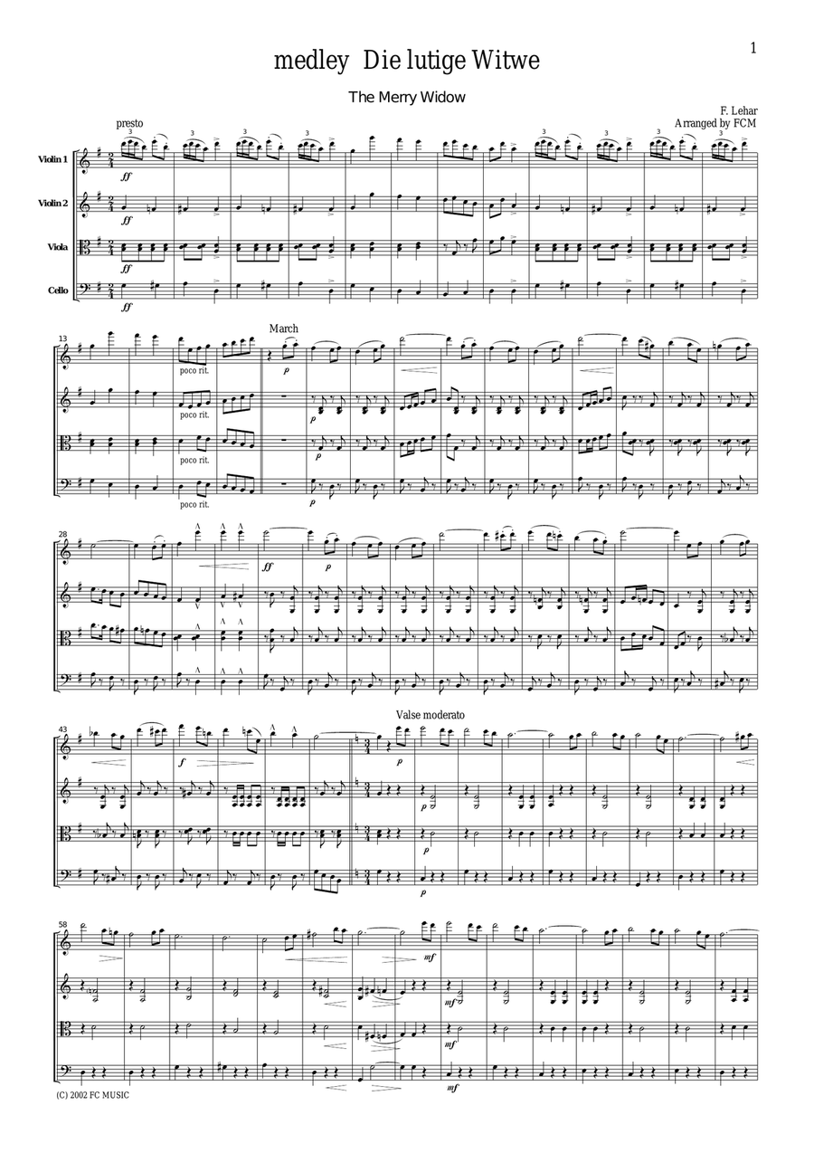 Lehar medley Die Lutige Witwe (The Merry Widow), for string quartet, CL001 String Quartet scores gallery preview page 1