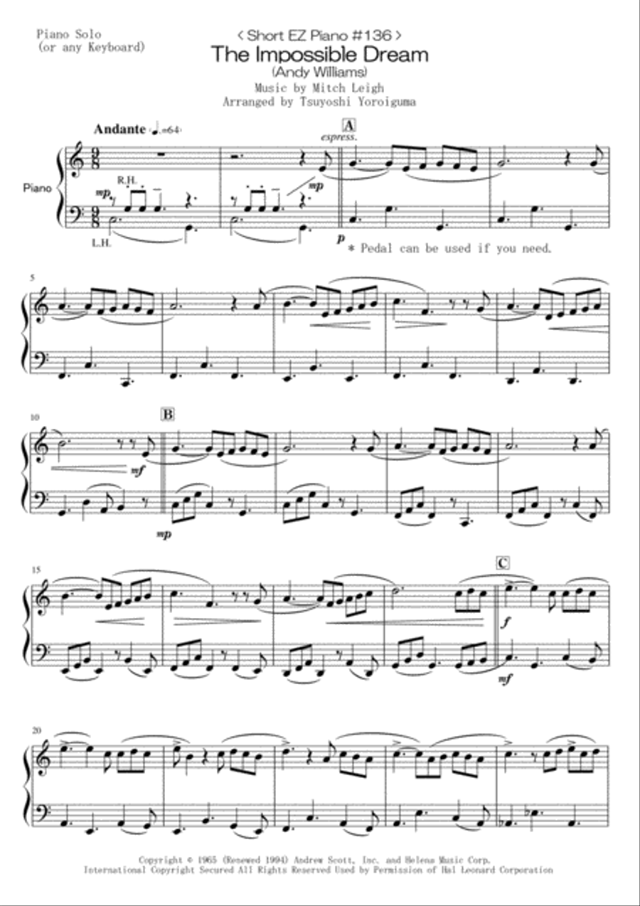 The Impossible Dream Easy Piano scores gallery preview page 1