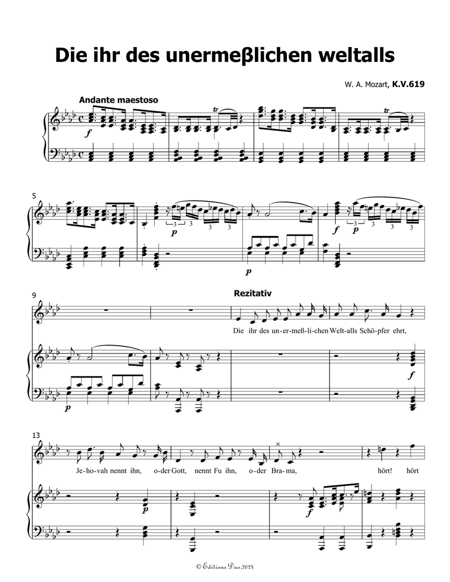 Die ihr des unermeβlichen weltalls, by Mozart, K.V.619, in A flat Major Piano, Vocal scores gallery preview page 3