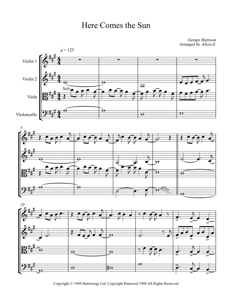 Here Comes The Sun Here Comes The Sun String Quartet scores gallery preview page 1