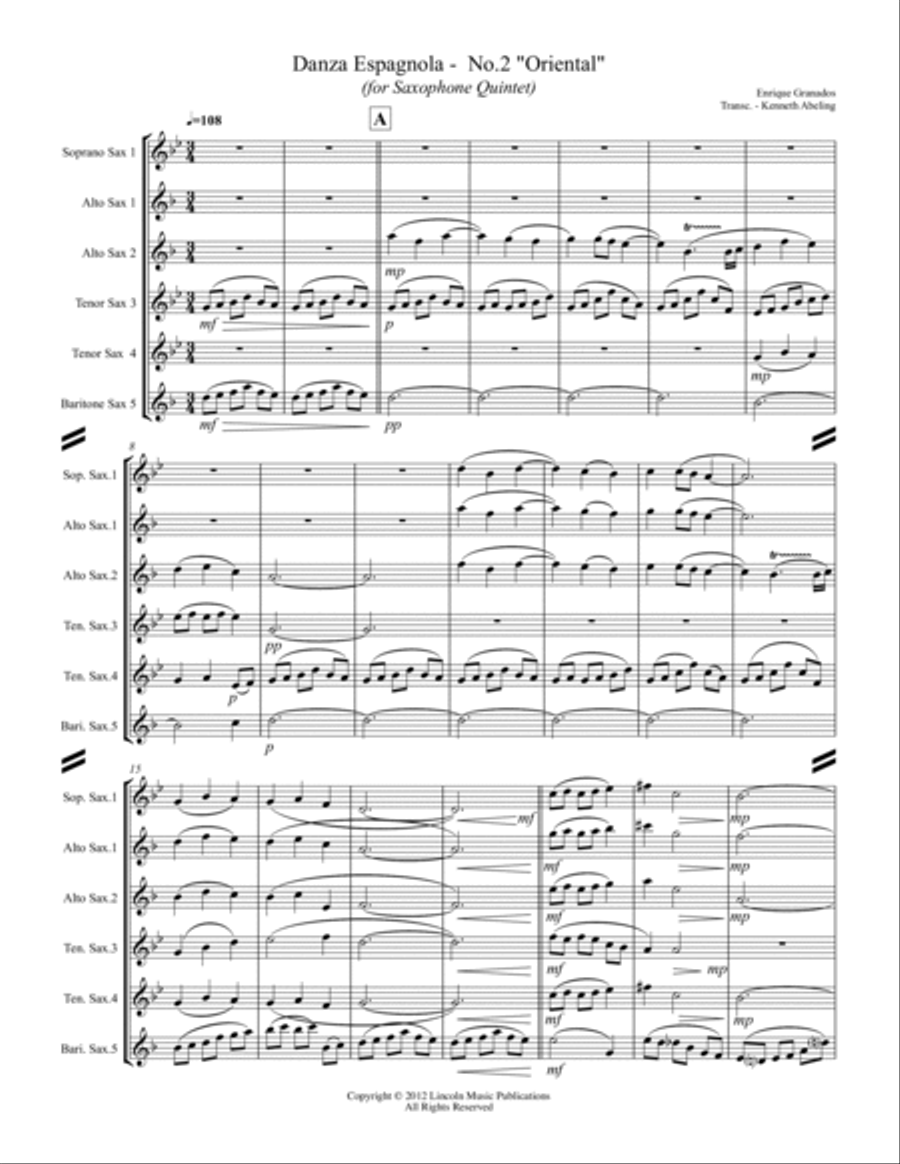 Granados – Danza Española - No.2 “Oriental” (for Saxophone Quintet SATTB or AATTB) Saxophone Quintet scores gallery preview page 2