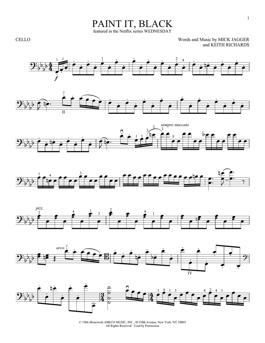 Paint It, Black (from Wednesday) Cello Solo scores gallery preview page 1